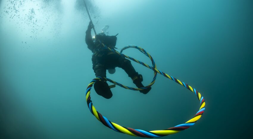 TUF International commercial diver performing subsea operations with rigging equipment